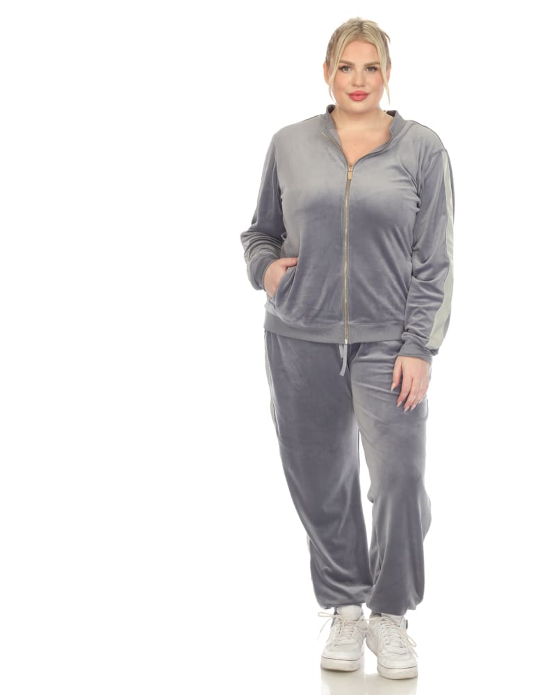 Front of a model wearing a size 2X Plus Size 2-Piece Velour with Faux Leather Stripe in Charcoal by White Mark. | dia_product_style_image_id:320068